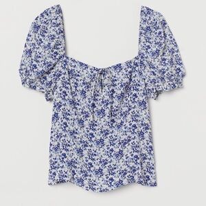 H&M Cropped Blue and White Puff Sleeve Blouse with Tie Front